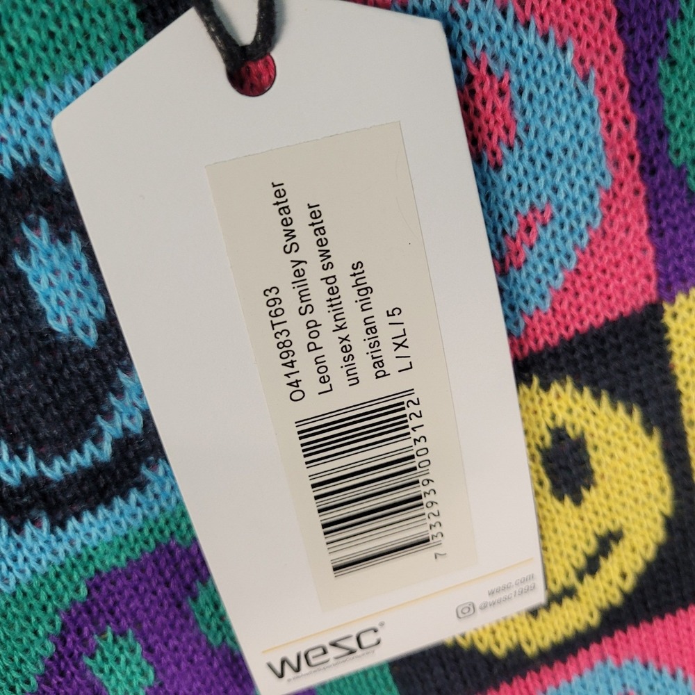 WESC Leon Pop Smiley Face Sweater Men's Large Knitted Paris Nights Multicolor - Picture 4 of 11